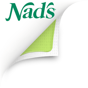Hair removal strip folded back to reveal green gel on under side and Nad's Hair Removal logo